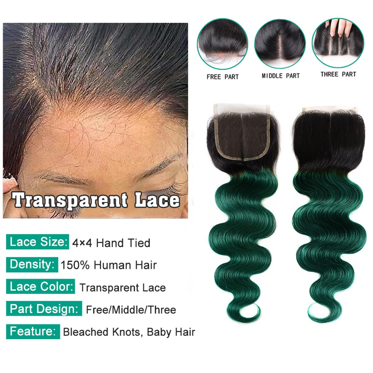 Green Ombre 4x4 Lace Closure - 100% Human Hair Brazilian Body Wave | 16 Inch Virgin Hair