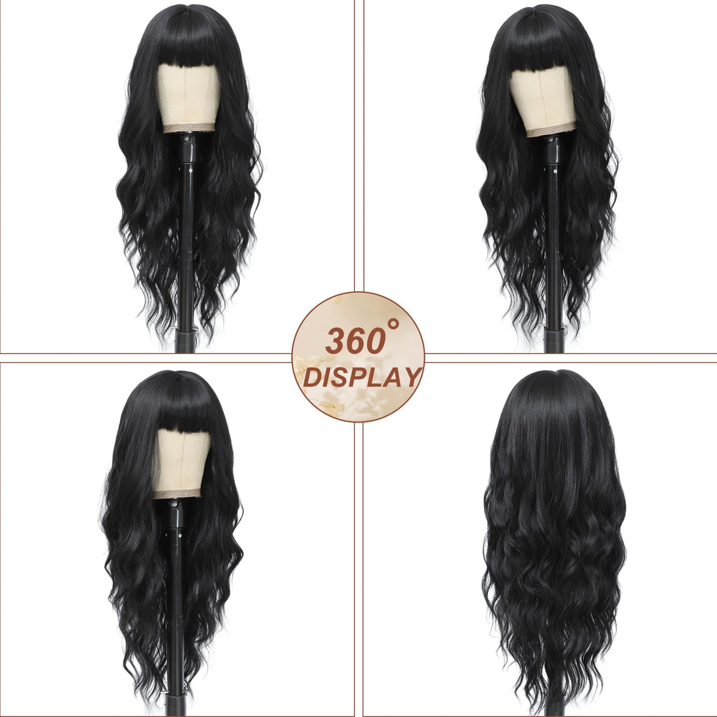 MINSEEYOO Black Wig with Bangs for Women Long Black Wavy Wigs 26 Inch Natural Black Wigs Natural Looking Heat Resistant Synthetic Wig for Daily Party Use