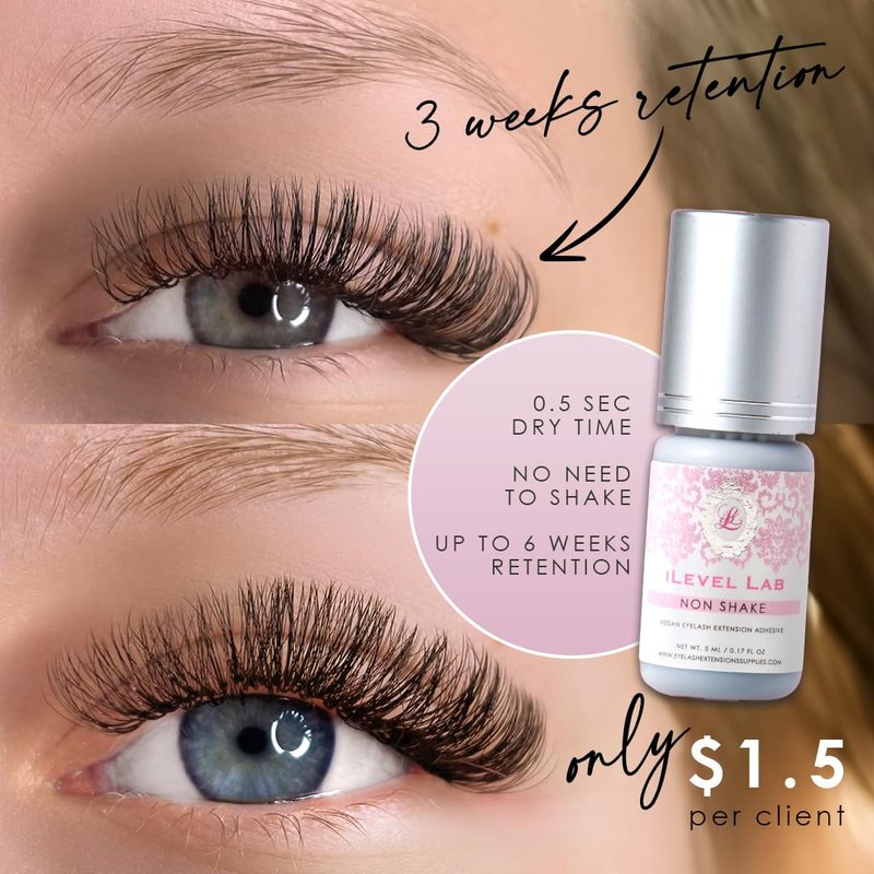 Non Shake Eyelash Extension Glue - Extra Strong Black Adhesive | 0.17 fl. oz (5ml) | 0.5 Sec Dry Time, 4 Weeks Retention
