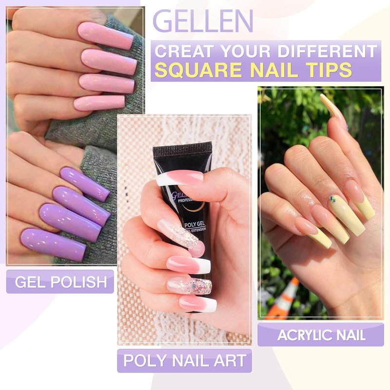 Gellen Gel Nail Extension Kit - Square Acrylic Tips & Top Coat | Complete Nail Art Set for Manicure