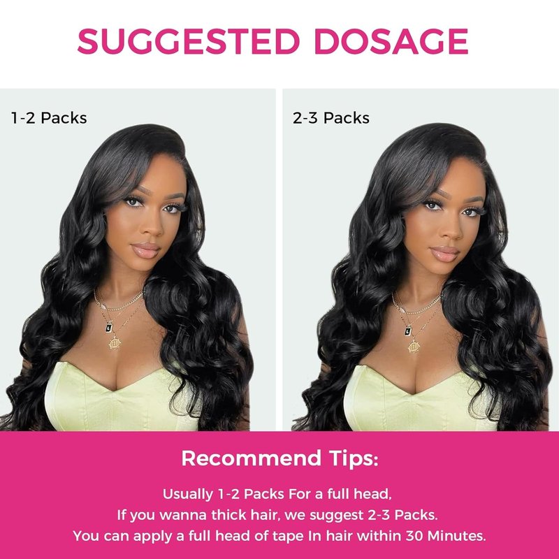 Tape In Hair Extensions - Body Wave 100% Remy Human Hair | 14 Inch Natural Black, 50g/Pack (20 Pieces)