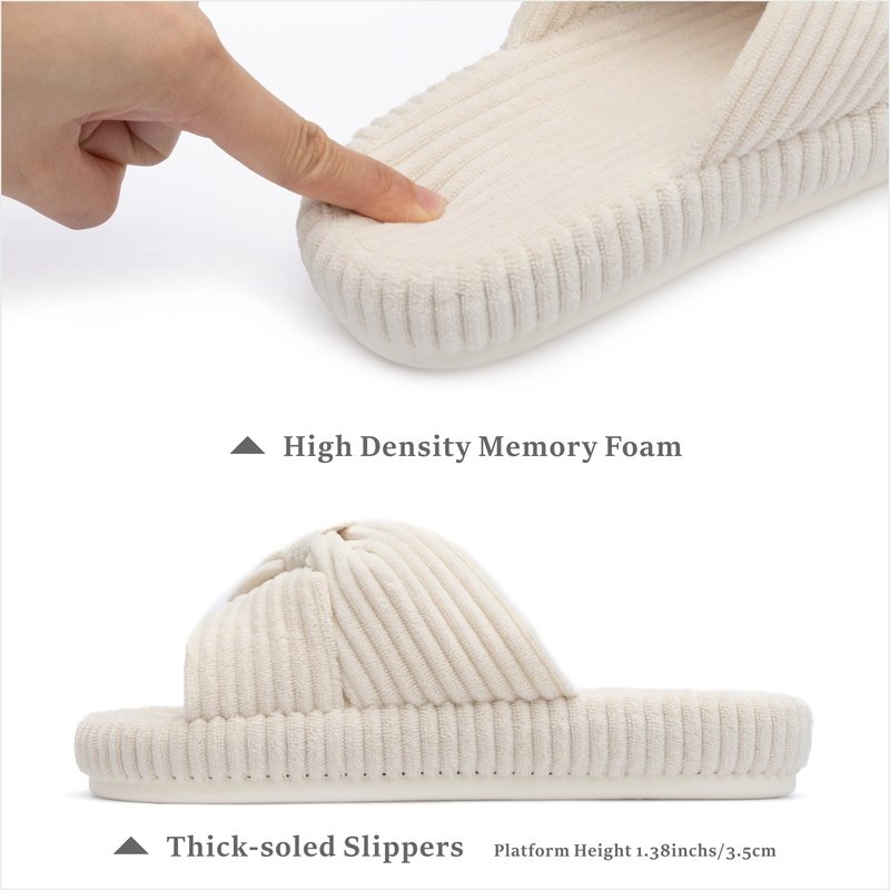 Chantomoo Slippers for Women Memory Foam House Bedroom Corduroy Bow Crossbands Slipper Shoes Comfy Trendy Gift Slippers Beige Size 9 10 8.5