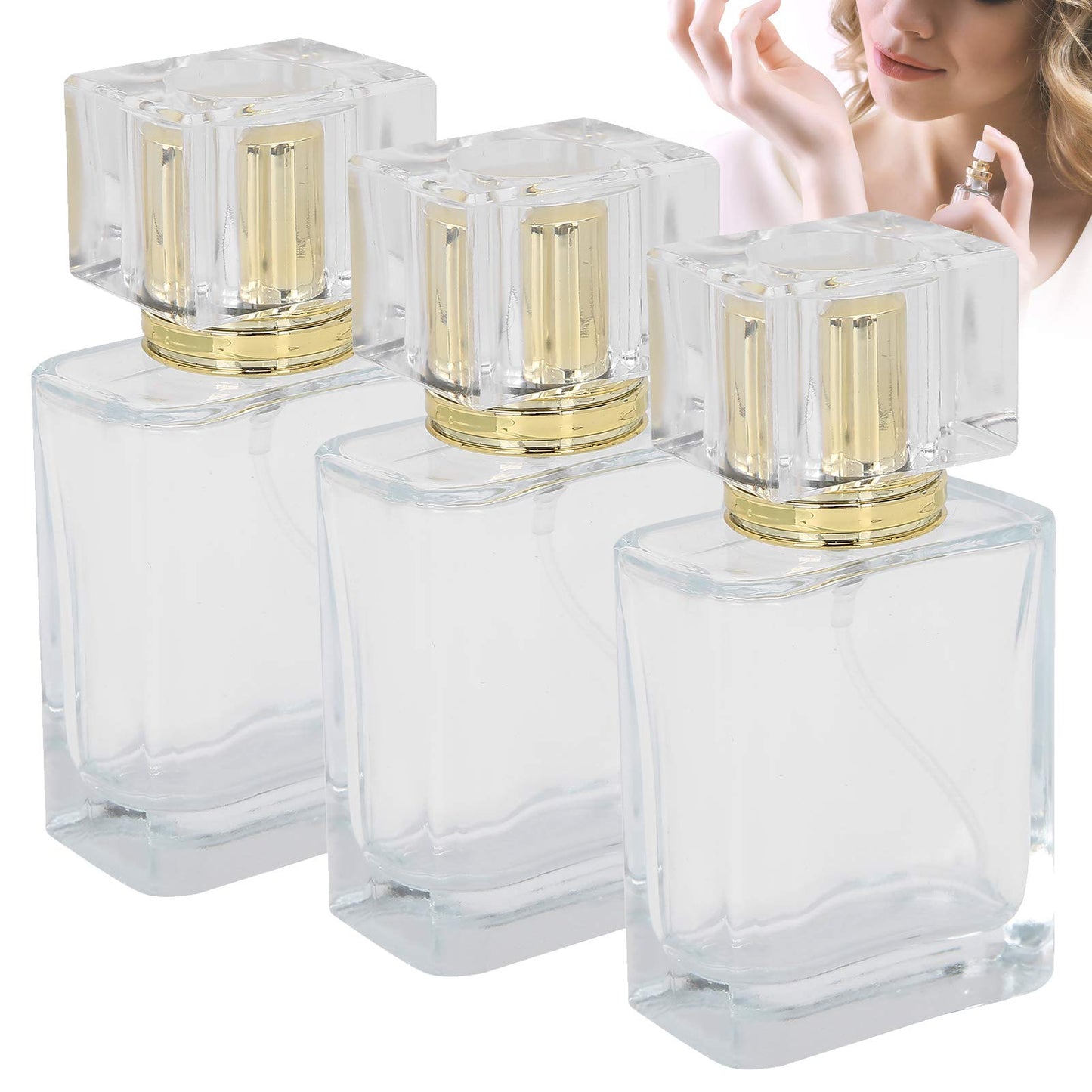 Yinhing Glass Refillable Perfume Bottle, 50ml Refillable Perfume Bottle, Transparent Glass Spray Liquid Empty Atomizer Container (Gold)