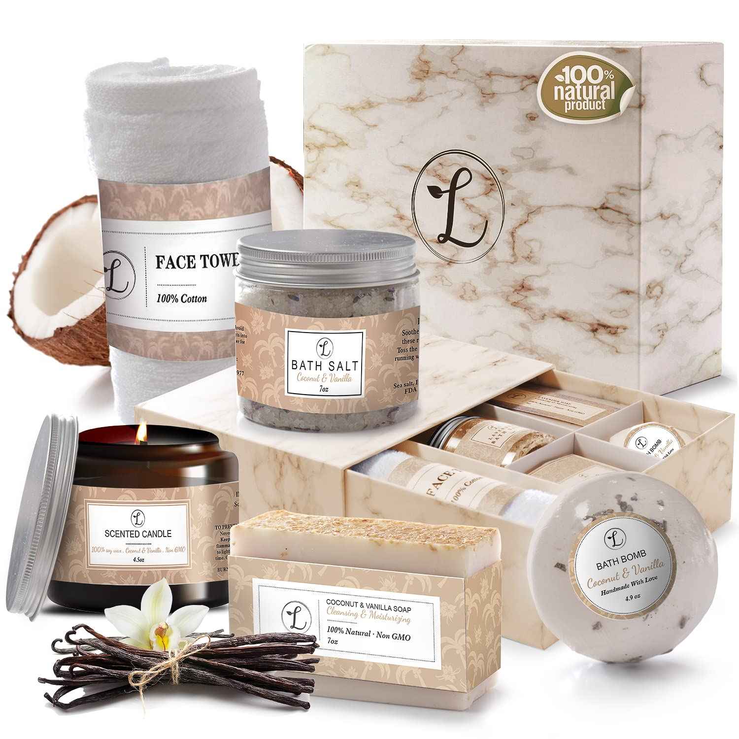 Spa Gift Set, Natural Coconut & Vanilla, Gift Box Includes: Bath Bomb, Bath Salt, Hand Soap, Scented Candle, Face Cloth and Gift Box. Best Gift for Her.