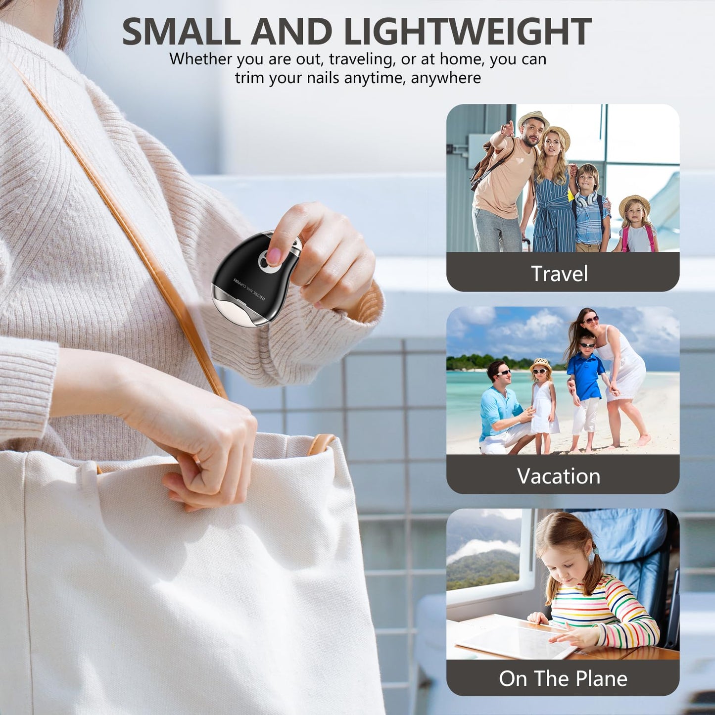 Type-C Rechargeable Electric Nail Clipper with LED Light, 3 Speeds - Safe, Automatic Trimming for Babies, Seniors (Black)
