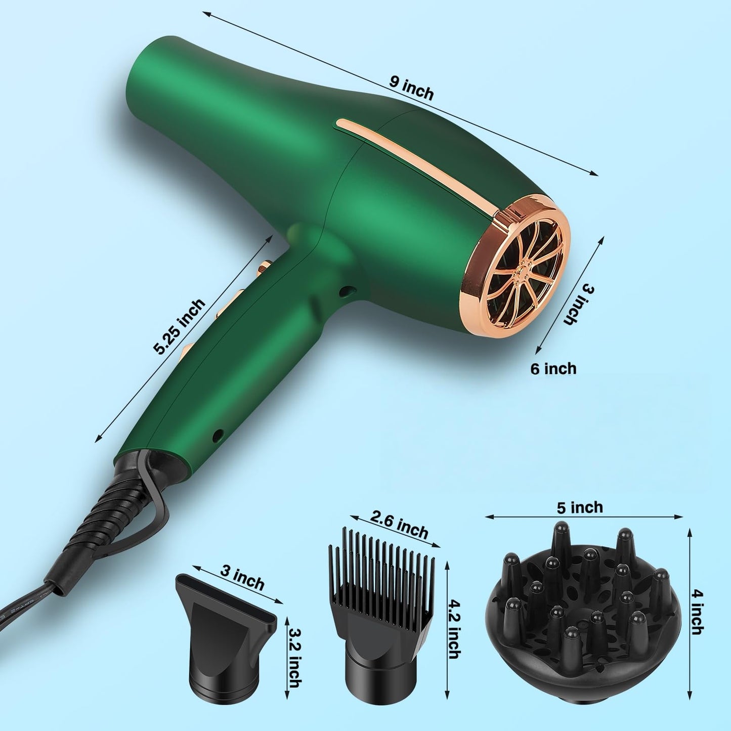 ARDIRO 2000 Watt Negative Ionic Hair Dryer, Professional Salon Blow Dryer, Low Noise Fast Drying & Powerful AC Motor and Diffuser Comb for Men Women,3 Heat & 2 Speed Settings, Easy to Use- Green