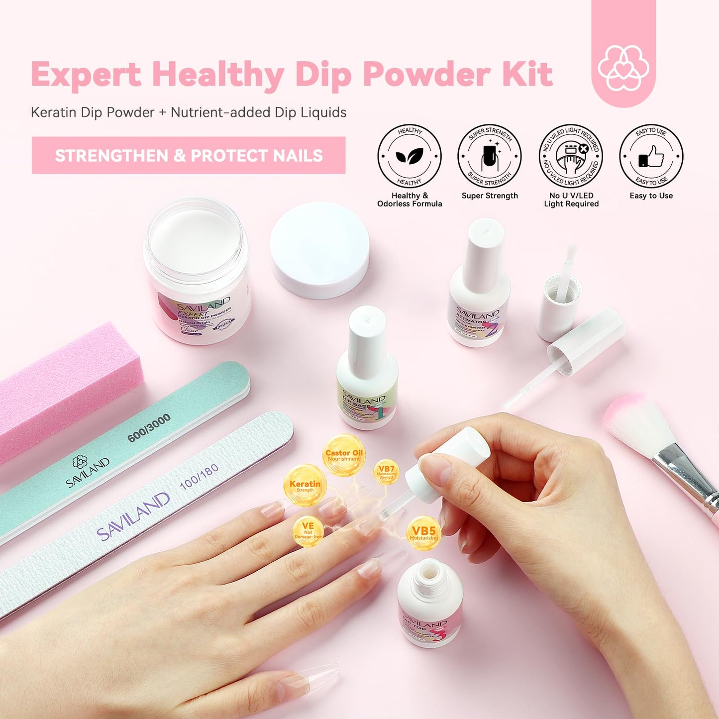 SAVILAND Clear Dip Powder Nail Kit Starter with Nail Dehydrator and Primer
