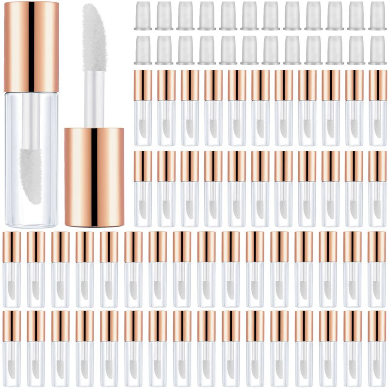 Patelai 100 Pieces Clear Mini Lip Gloss Tube Refillable Empty Lip Balm Gloss Containers Bottles Transparent Mini Lipstick Containers for Women DIY Makeup(Rose Gold,1.2ml)