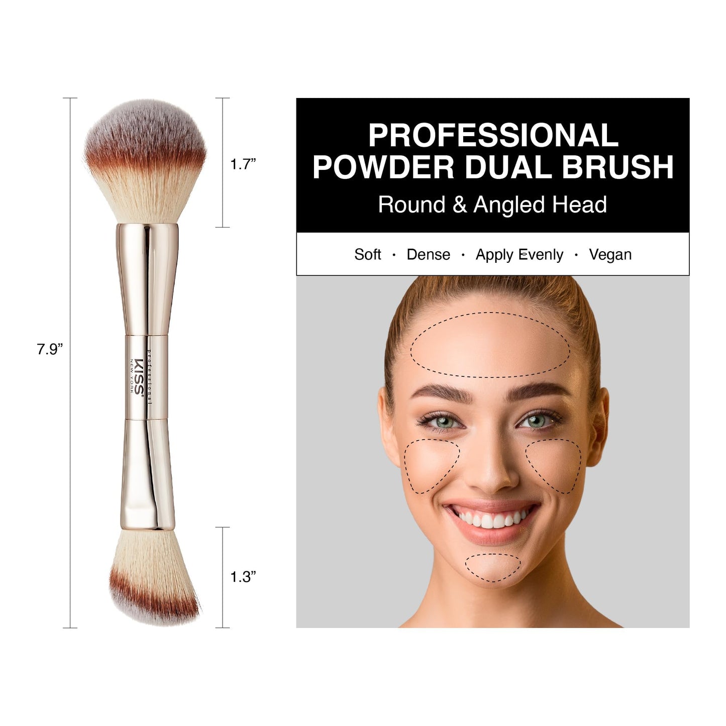 Kiss New York Soft Matte Pressed Powder (Sun Beige) With Dual Ended Powder Brush Set, Blurring Poreless Face Powder Makeup, Medium Coverage Setting Powder Infused with Salicylic Acid & Niacinamide
