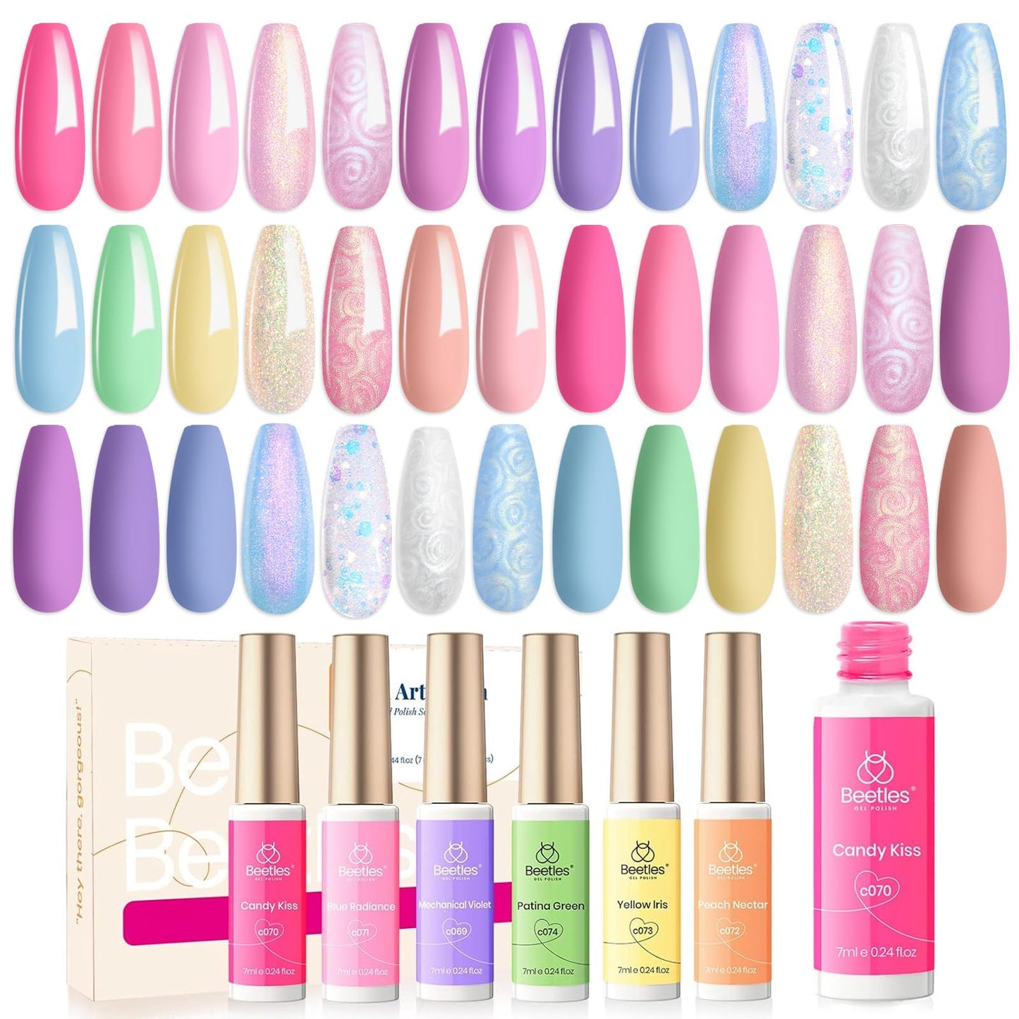 beetles Gel Polish Nail, 20 Colors Pastel Pink Blue Purple Chameleon Glitter Gel Polish and Beetles Nail Art Polish Set 6 Colors Pastel Yellow Green Nude Pink Purple Orange Gel Liner Nail Art Kit