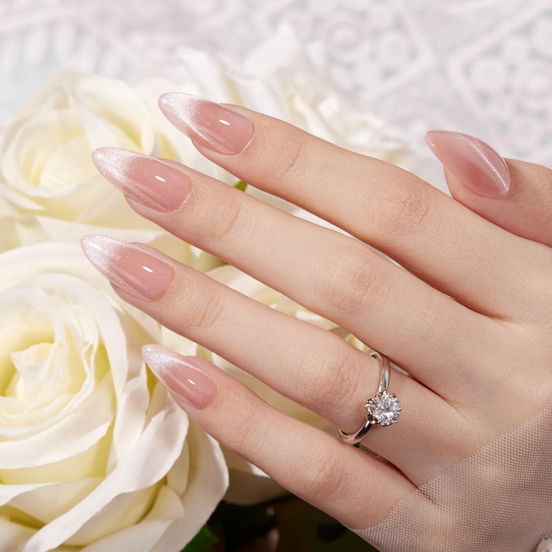 Press On Nails Almond Medium - Cat Eye French Tip Nude Pink Sparkly | 32 Pcs, Reusable, Semi-Transparent for Spring Weddings