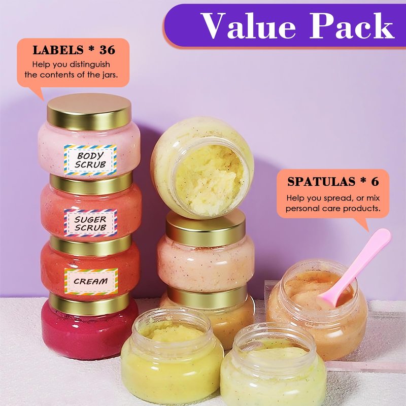 36 Pack 8 oz Plastic Cosmetic Containers With Lids Refillable Clear Empty Travel Jars Containers for Body Butter,Sugar Scrubs,Cream,Lotions,Candy, Waterproof Label&Spatulas - (Gold)