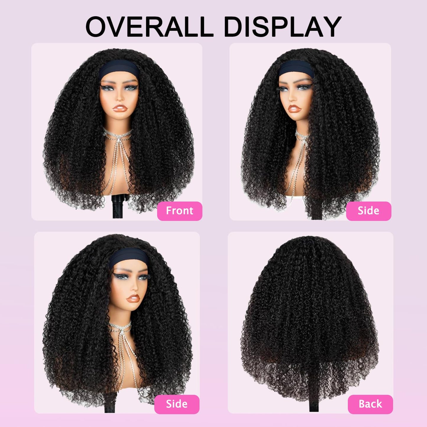CUUYUN Kinky Curly Headband Wig Human Hair Curly Headband Wigs for Black Women 14 Inch None Lace Front Wigs Machine Made Wigs Glueless Brazilian Curly Human Hair Wig