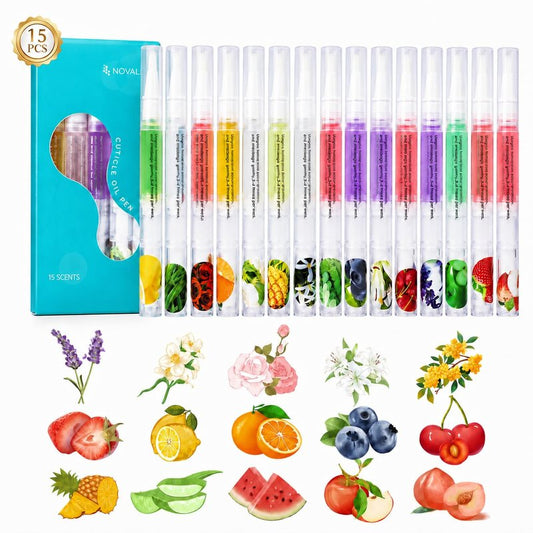NOVAL Cuticle Oil Pen Set, 15 Pcs Scented Nail Care Pens for Dry Cuticles, Portable Brush Applicator, Travel Size Bulk Pack for Home and Salon Use