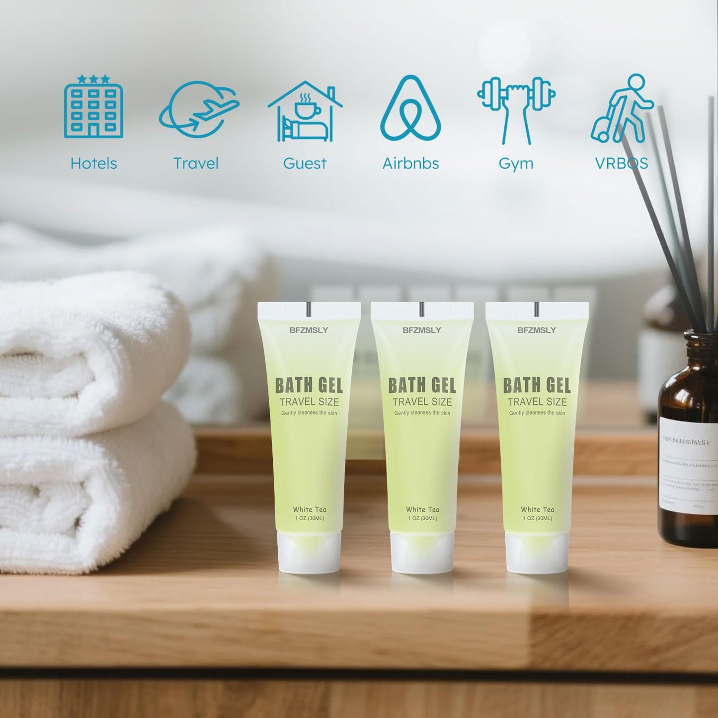 BFZMSLY 100 Pack Bulk Travel Size Body Wash, 1oz Tubes, White Tea Scent, Mini Shower Gel for Hotel Guests, TSA Approved Toiletries, Individually Sealed for Airbnb, Vacation Rentals