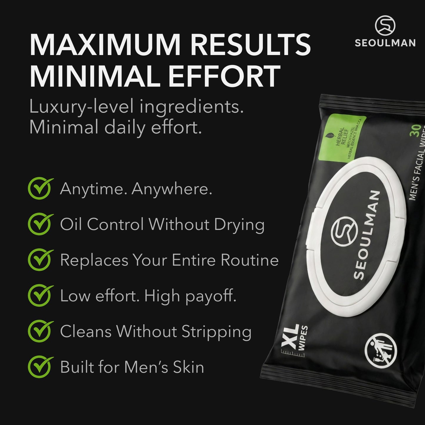 Seoulman Face Wipes for Men – All-In-One Skincare Cleansing Wipes with Niacinamide, Cica & Hyaluronic Acid – Alcohol-Free, pH Balanced – Extra Large, 30 Count
