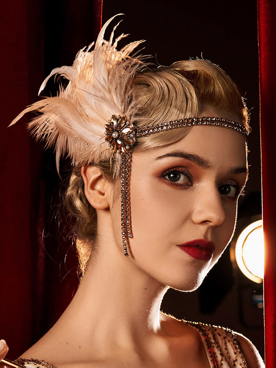1920s Flapper Headpiece - Rhinestone Pearl Feather Hair Band | Great Gatsby Accessory for Women, Champagne