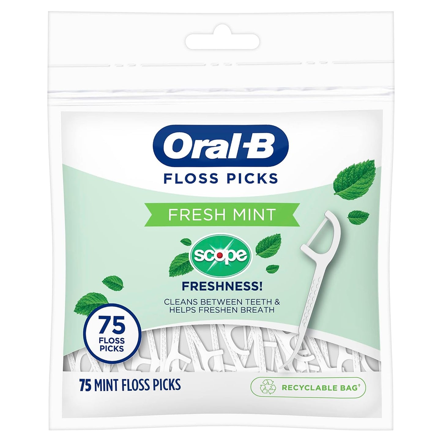 Oral-B Dental Floss Picks - Fresh Mint Flavor, 75 Count | Pack of 6 (450 Total)