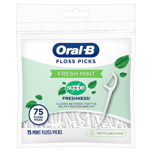 Oral-B Dental Floss Picks - Fresh Mint Flavor, 75 Count | Pack of 6 (450 Total)