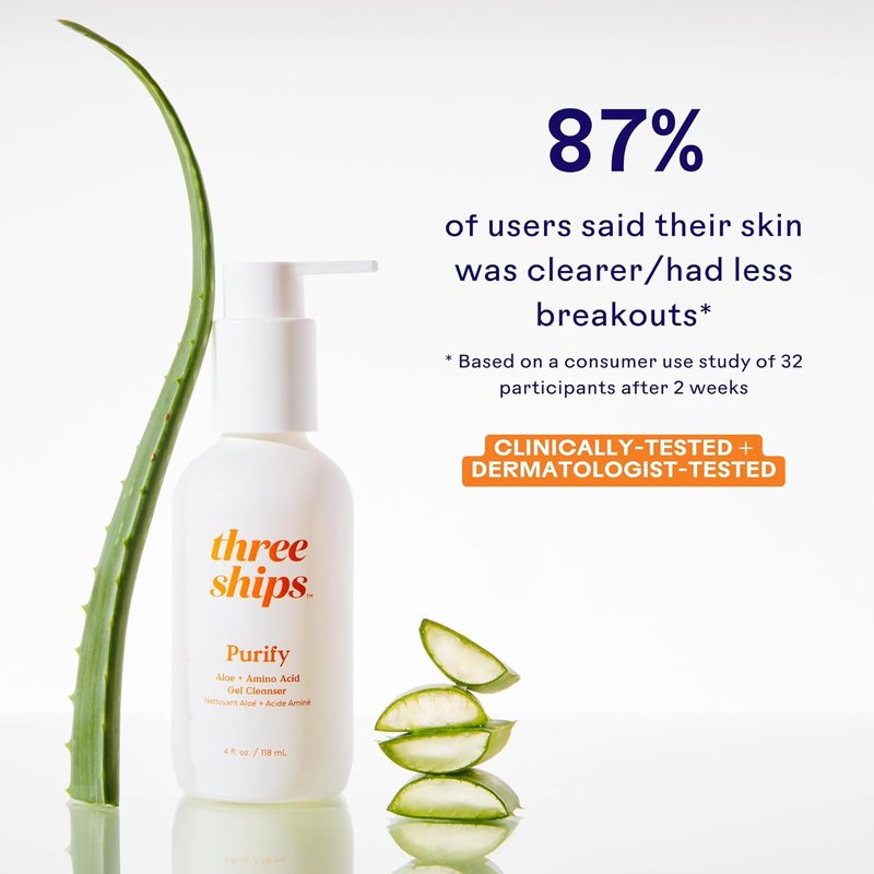 Three Ships Purify Aloe Gel Cleanser - Moisturizing & Gentle for Sensitive Skin | 4 fl oz | Vegan & Cruelty-Free