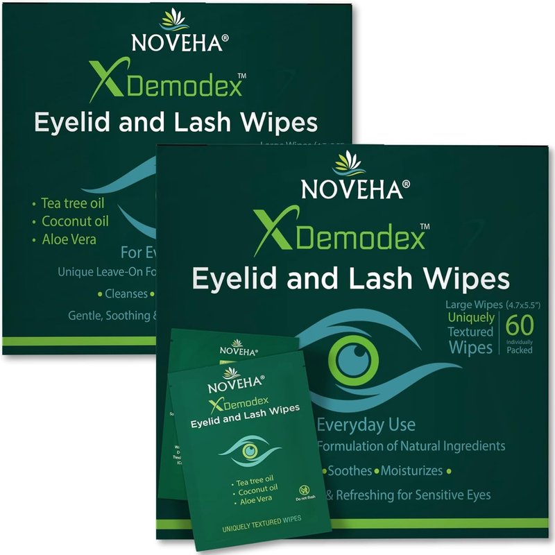 NOVEHA Demodex Eyelid & Lash Wipes - Extra Strength Cleansing Wipes for Irritated Eyes | 60 Individually Wrapped Wipes (Pack of 2)