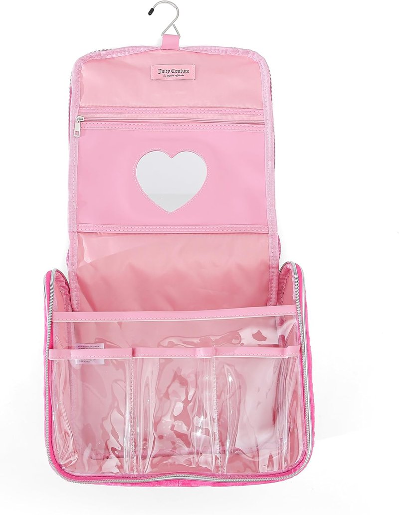 Juicy Couture Pink Makeup Bag - Travel Cosmetics Organizer with Hanging Hook & Heart Velour Design