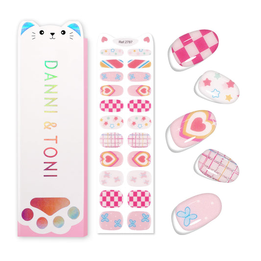 DANNI & TONI Kids Gel Nail Strips Heart Checker Butterfly Stars Salon-Quality Peel & Stick Manicure for Children (Age 6+)– Safe, Long-Lasting, Easy to Apply |Flutterheart