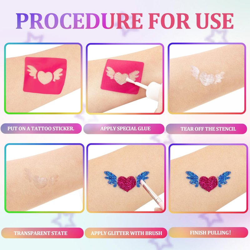 380pcs Temporary Tattoos Stencils, Face and Body Paint Stencils Kit, Girl Boy Glitter Tattoos, for School Show Birthday Halloween Christmas Various parties.