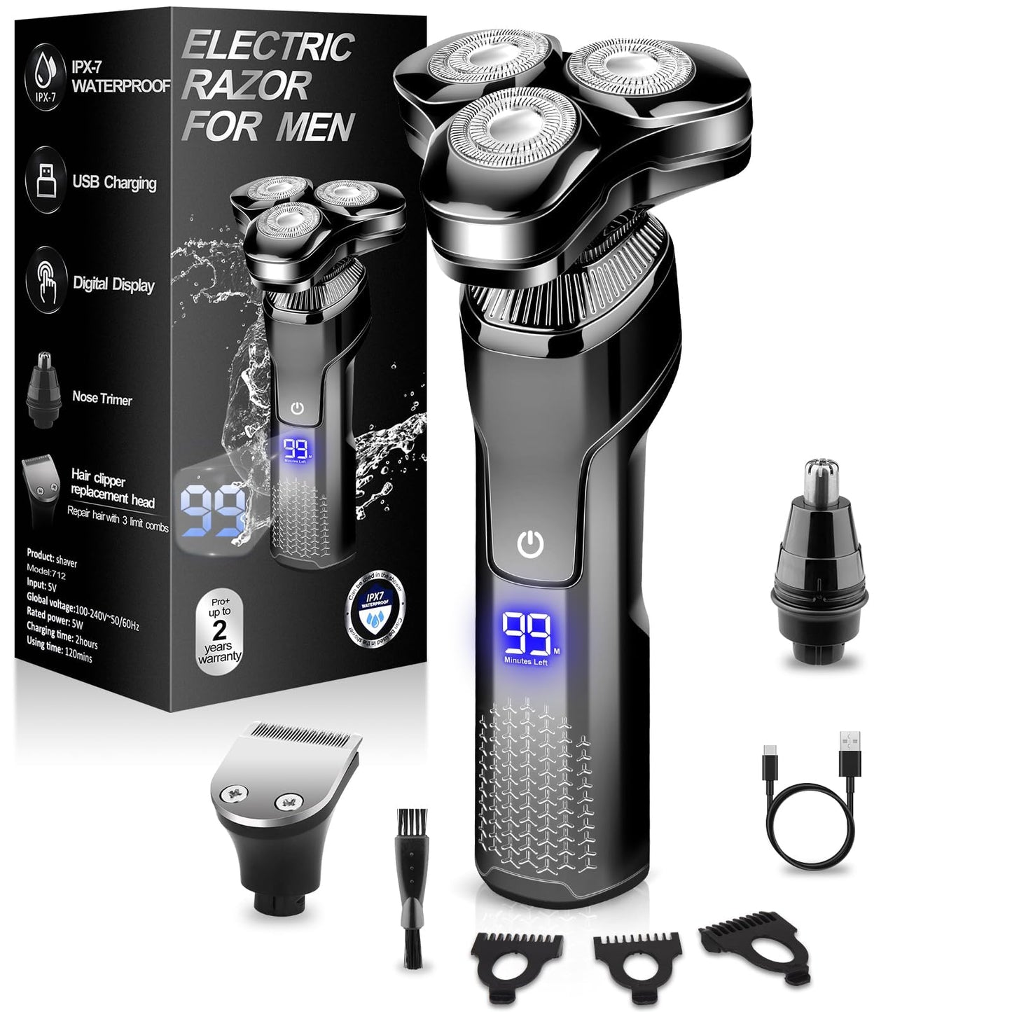 Electric Razor for Men, LED Display 100% Waterproof Cordless Razor, Wet/Dry Shaving,Electric Shaver for Men Includes Nose Hair Trimmer Beard Trimmer Travel Shaver