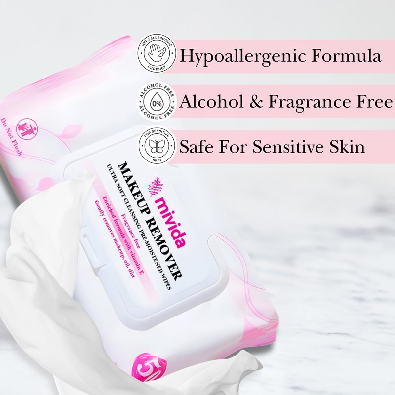 mivida Hypoallergenic Makeup Remover Wipes With Vitamin E, Dermatologist Tested Daily Cleansing Facial Towelettes, For Sensitive Skin, 50 Count, Alcohol Free, Fragrance Free Makeup Wipes
