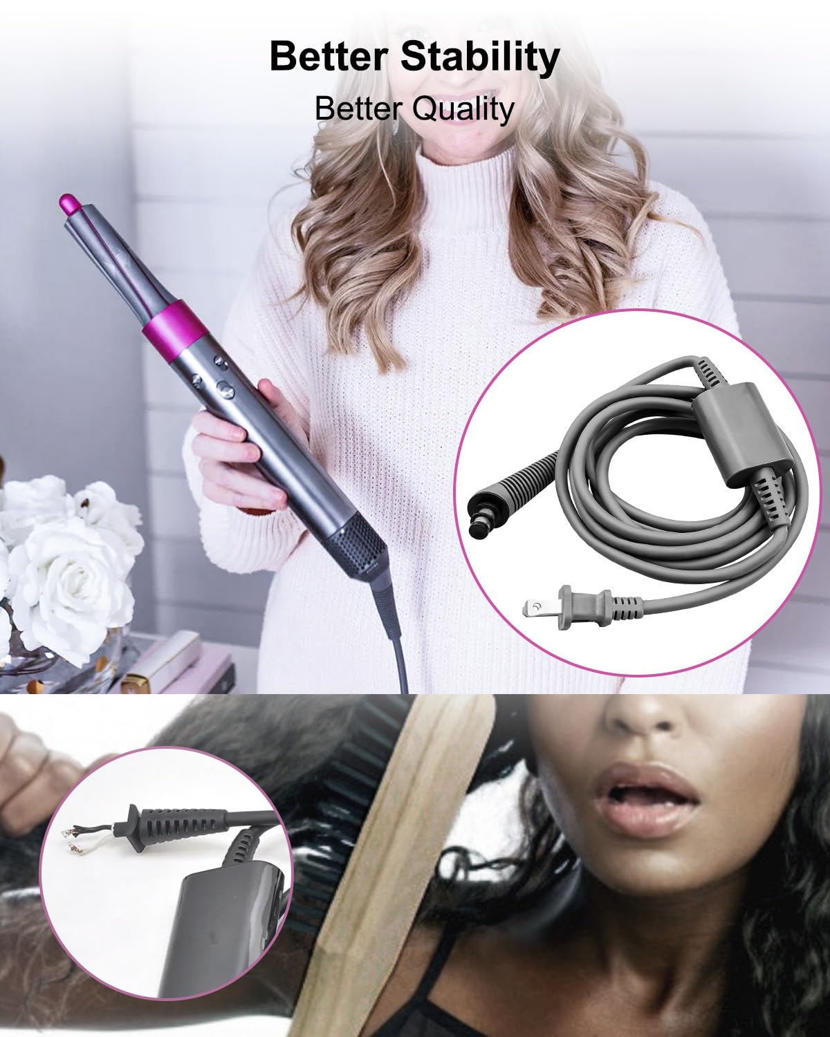 Curly Hair Rod Power Cord Fit for Dyson HS01 Airwrap Hair Styler, 106" Curling Iron AC Charger Replacement Cable, Curler Hair Roller Adapter Plug Line Repair Set