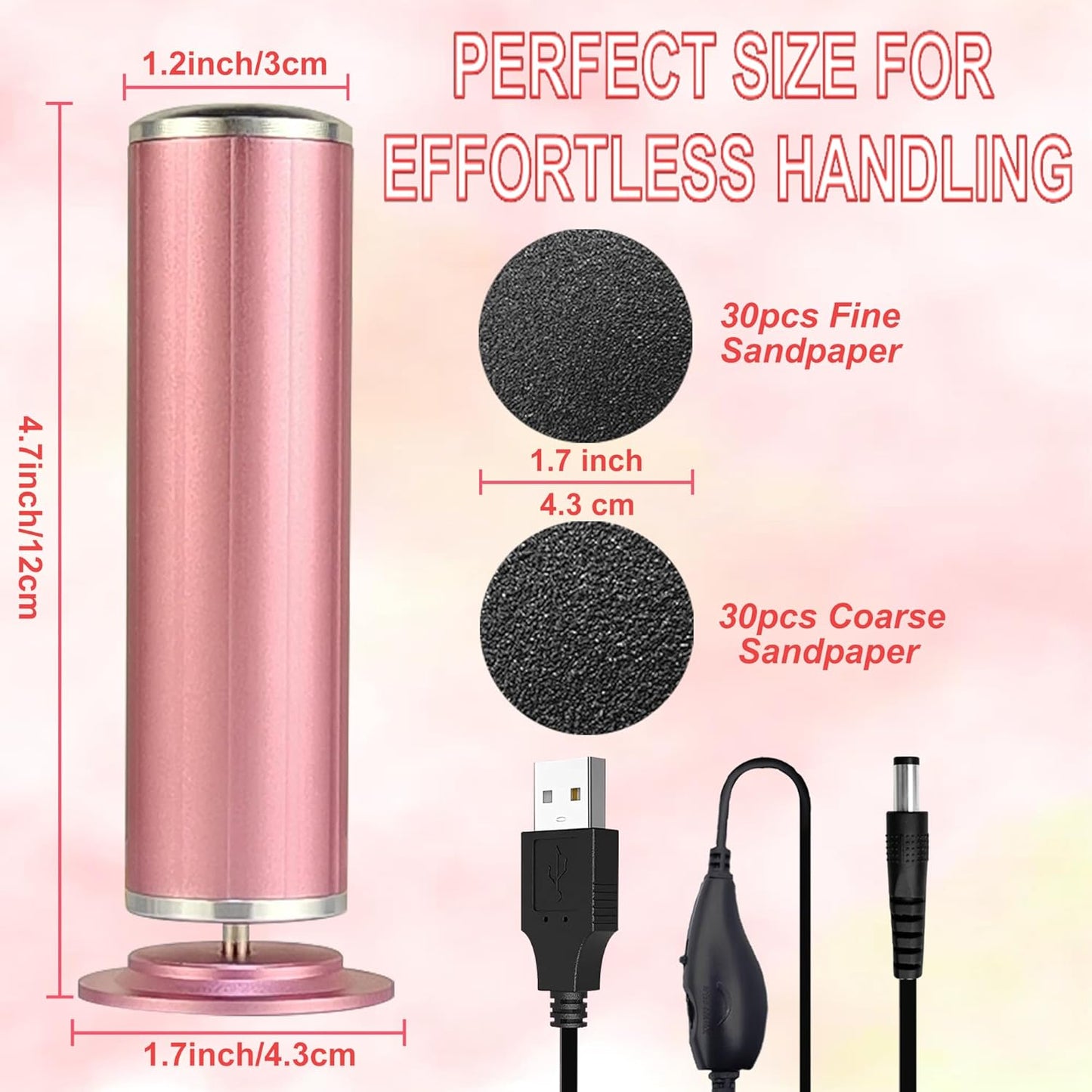 Electric Callus Remover - USB Powered Foot File with Speed Controller & 60 Replacement Sandpaper Disks | Pink
