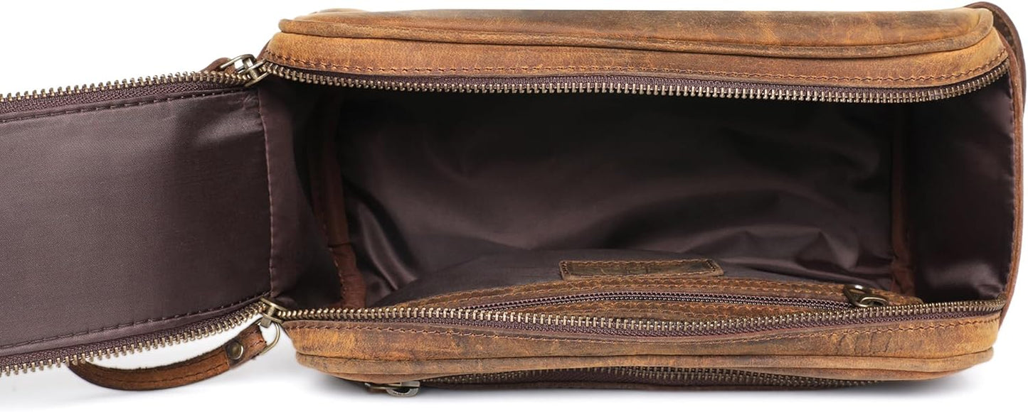 Toiletry Bag for Men - Genuine Leather Dopp Kit | Large Travel Organizer for Grooming Essentials in Distressed Brown