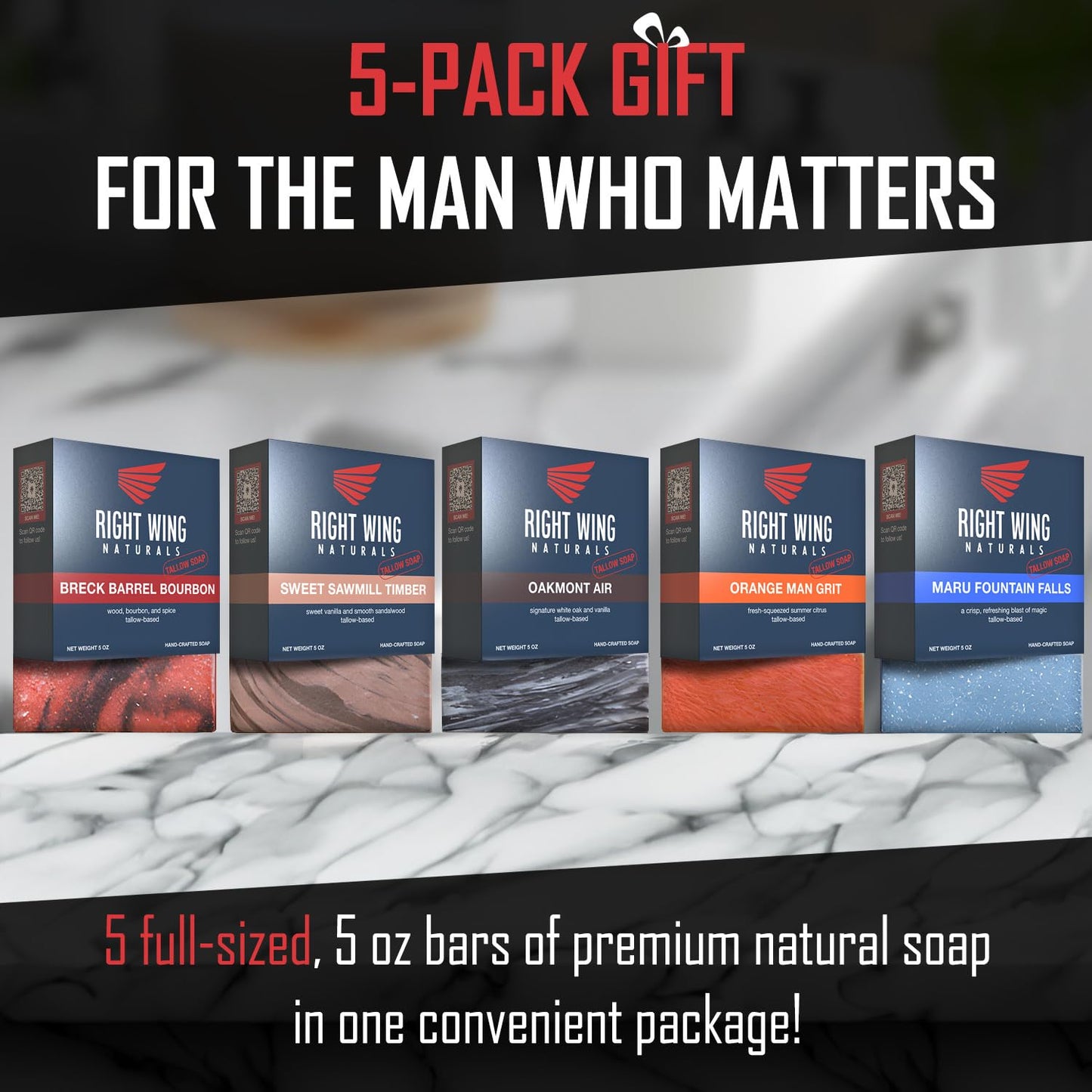 Right Wing Naturals Bar Soap Gift Set for Men | Handcrafted Cold-Pressed | Handmade Organic Soap for Men | Most Popular Flavors | Natural Scented Men’s Bar Soap| Pack of 5 Bars