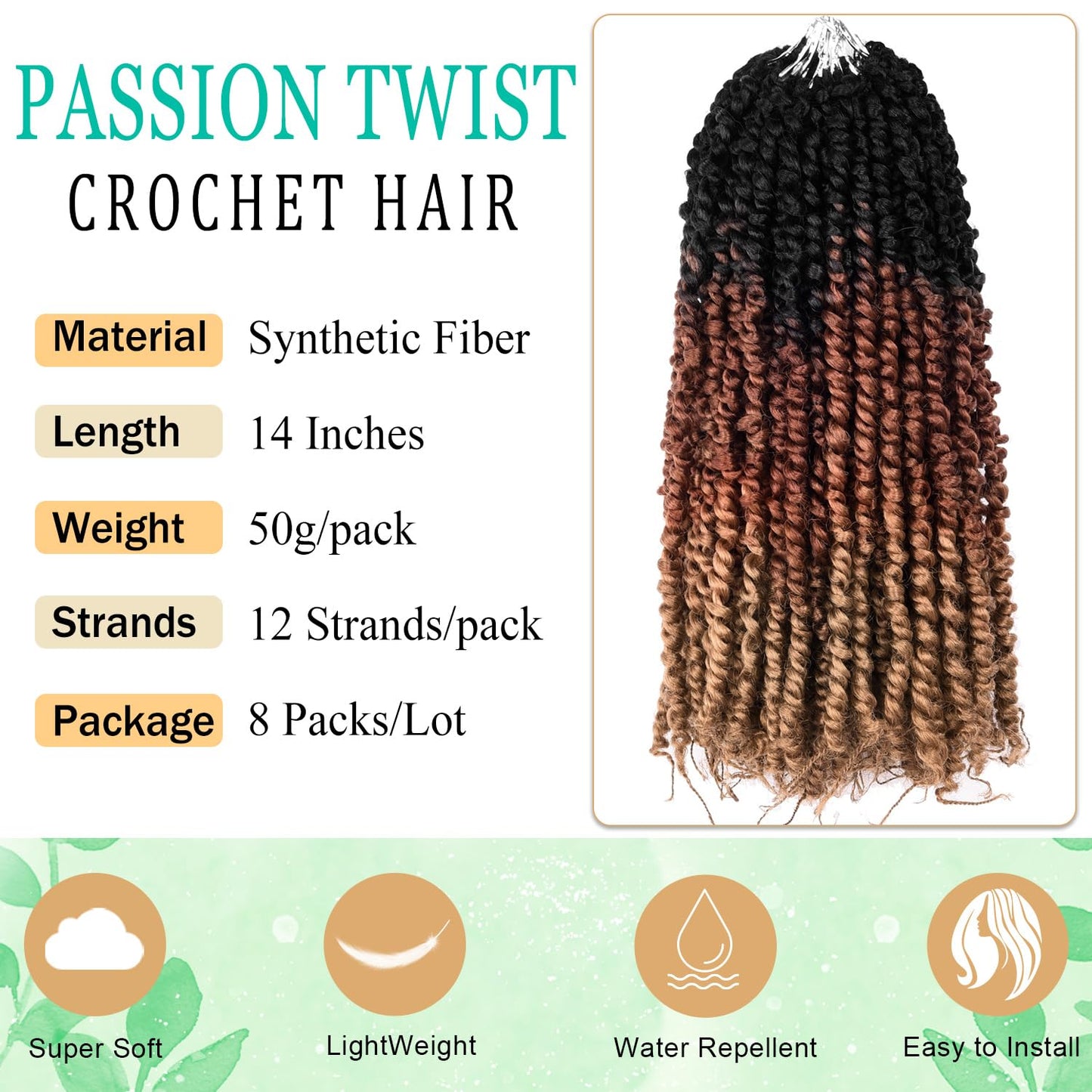 14 Inch Passion Twist Crochet Hair for Black Women 8 Packs Pre-twisted Passion Twist Crochet Braids Pre-looped Bohemian Twist Synthetic Braiding Hair Extensions (12Strands/Pack; T1B/30/27#)