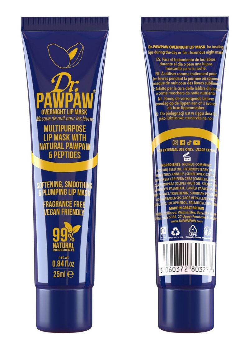 Dr.PAWPAW Overnight Lip Mask - Multi-Purpose Balm, Natural Pawpaw & Peptides Smooth Skin, Cracked Lips, Vegan, Ethical Beauty & Fregrance Free (3 x 25 ml)