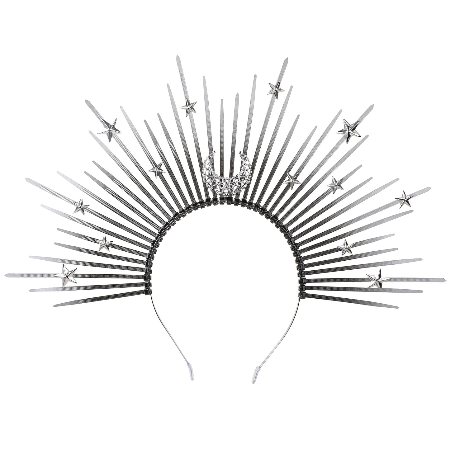 COSUCOS Moon Star Halo Crown - Dark Spiked Witch Sunburst Halo Sun Headband, Dark Gothic Goddess Headpiece Silver Black Headwear for Women Renaissance Costume Halloween Pageant Cosplay Accessorice