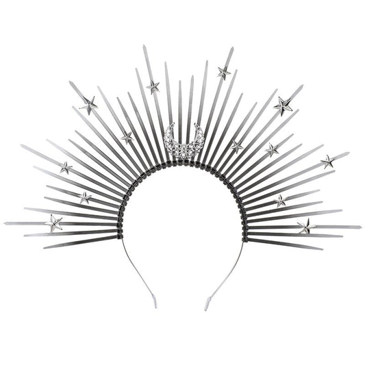 COSUCOS Moon Star Halo Crown - Dark Spiked Witch Sunburst Halo Sun Headband, Dark Gothic Goddess Headpiece Silver Black Headwear for Women Renaissance Costume Halloween Pageant Cosplay Accessorice