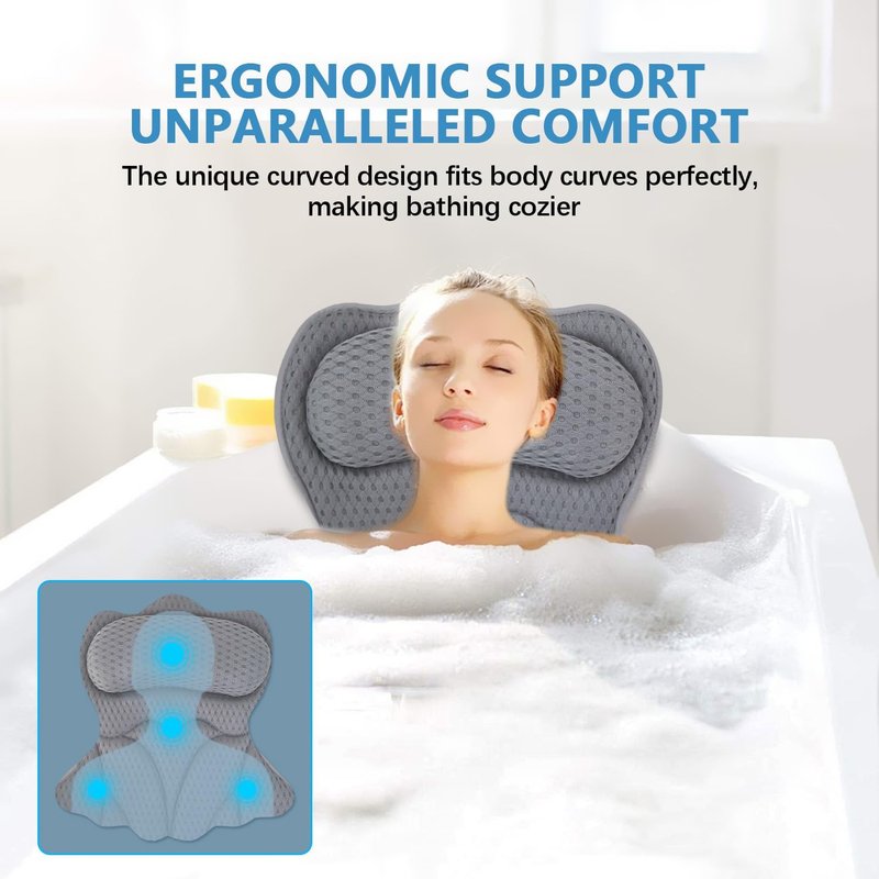 Bath Pillows for Tub - Extra Thick 4D Mesh Fabric with 6 Non-Slip Suction Cups | Grey Neck and Back Support