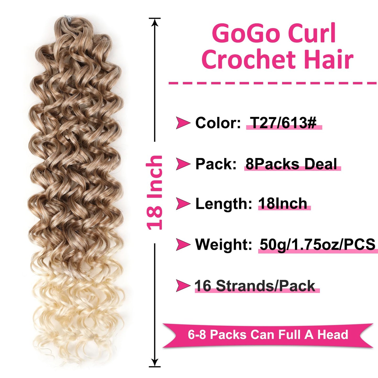 Unionbeauty 8 Pack GoGo Curl Crochet Hair Ocean Wave 18 Inch Water Wave Beach Curl Curly Crochet Hair Ombre Blonde Synthetic Curly Braiding Hair Extension for Women T27/613#