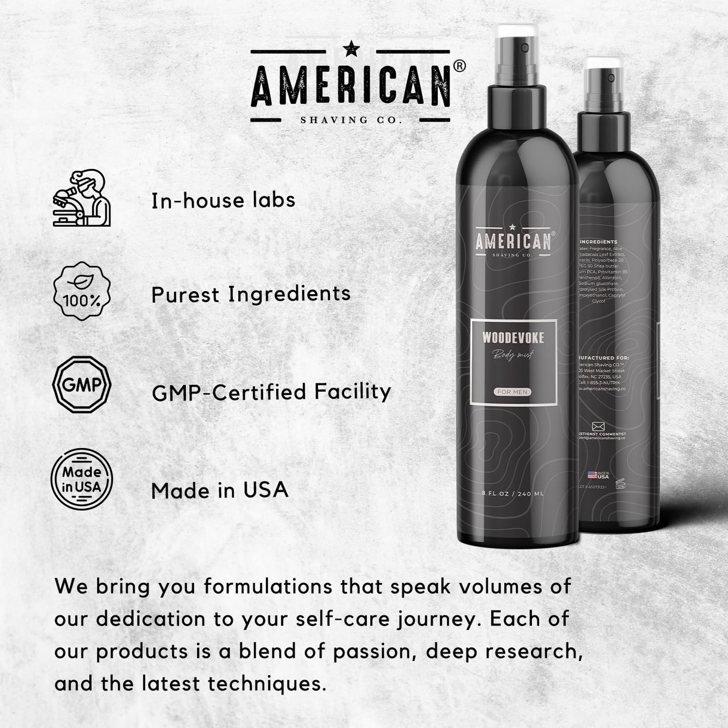 American Shaving Co. Woodevoke Body Mist For Men 8 oz, Made in USA, Quick Absorption, Quality Potent Ingredients, Long-Lasting, Non-GMO, GMP Certified, Cruelty-Free Products