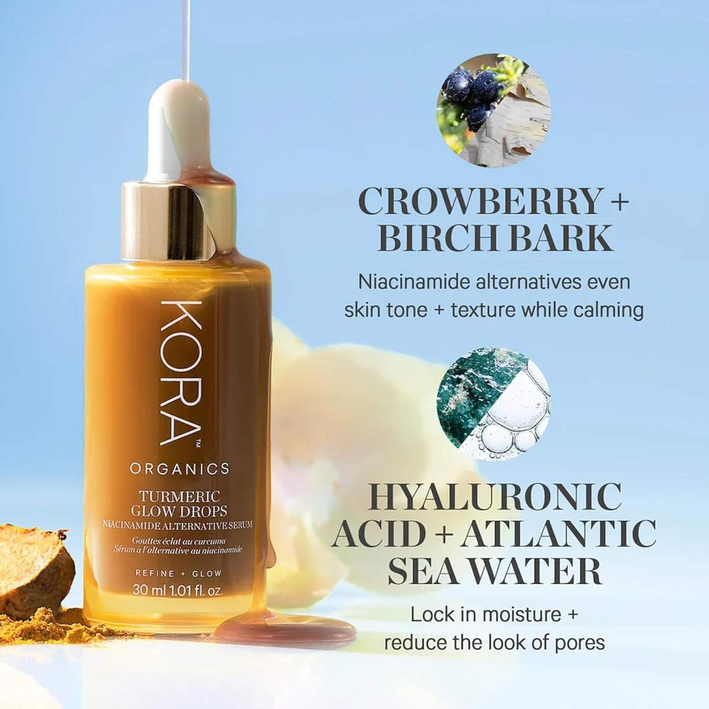 KORA Organics Turmeric Glow Drops - Hydrating Niacinamide Serum for Face | Improves Texture & Dark Spots, 0.34 fl oz