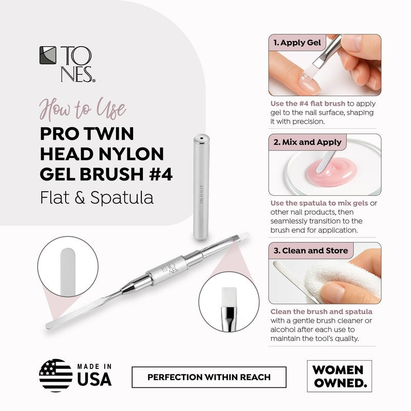Tones Twin Head Nail Art Gel Brush - Brush for Gel Nails - Ultra Precise Nail Sculpting and 3D Nail Art Brush (#4 Flat & Spatula)