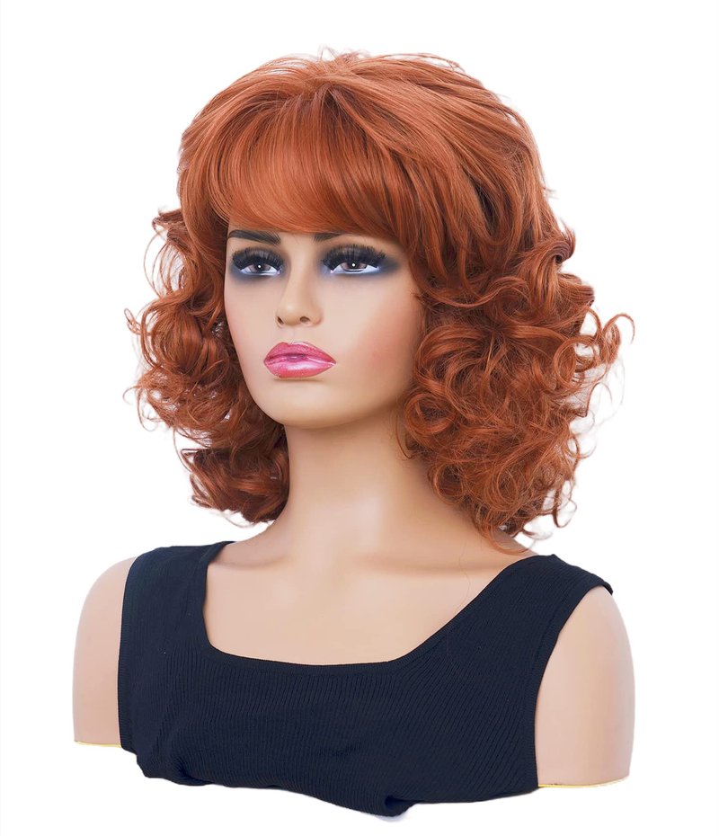 Gerulyss Short Copper Red Wigs for Women Auburn Wavy Shoulder Length Wig with Bangs Synthetic Ginger Curly Natural Wig for Role Play,Halloween,Daily Use