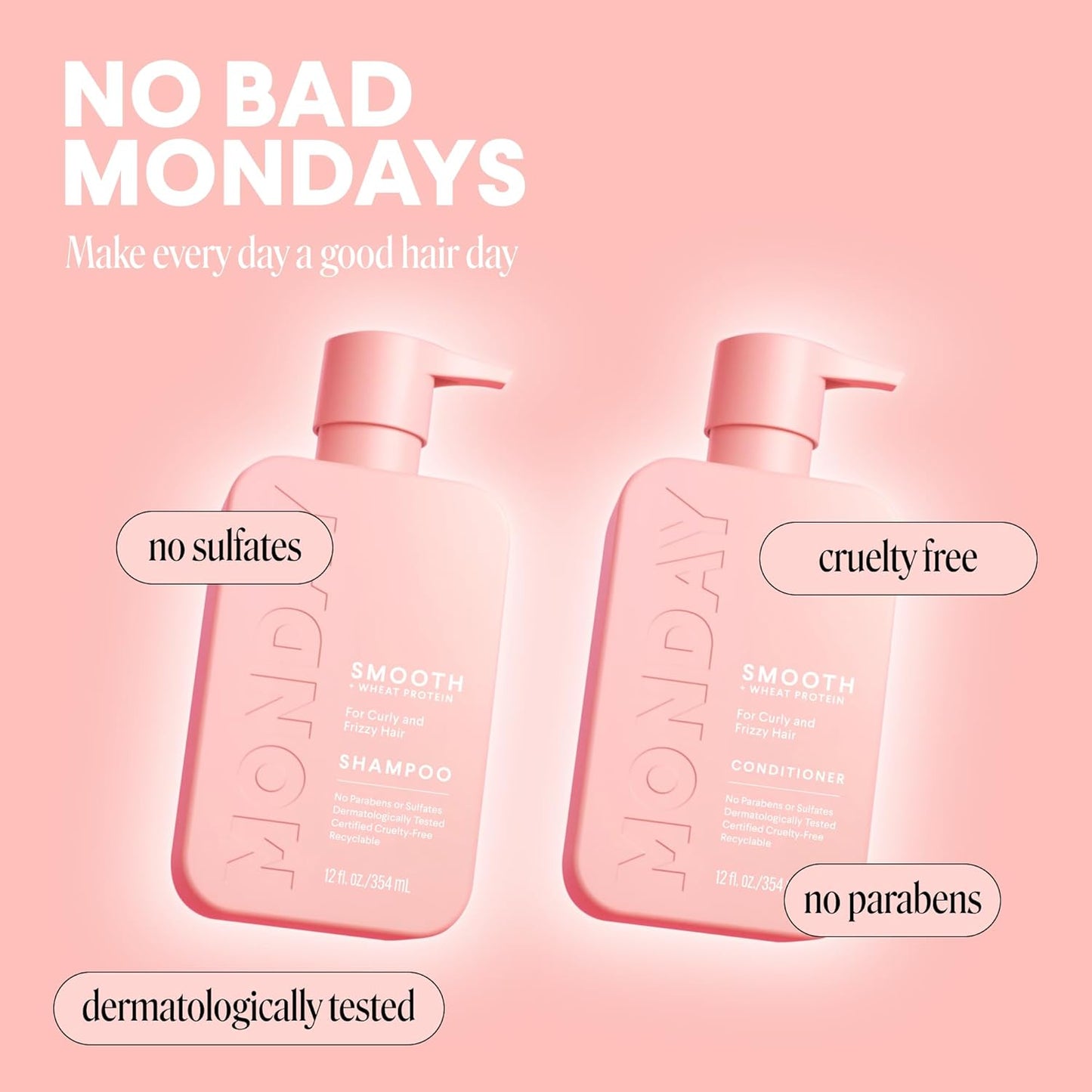 Smooth Shampoo and Conditioner Set for Frizzy Curly Hair - 12 oz Each | Coconut Oil & Shea Butter, Pink