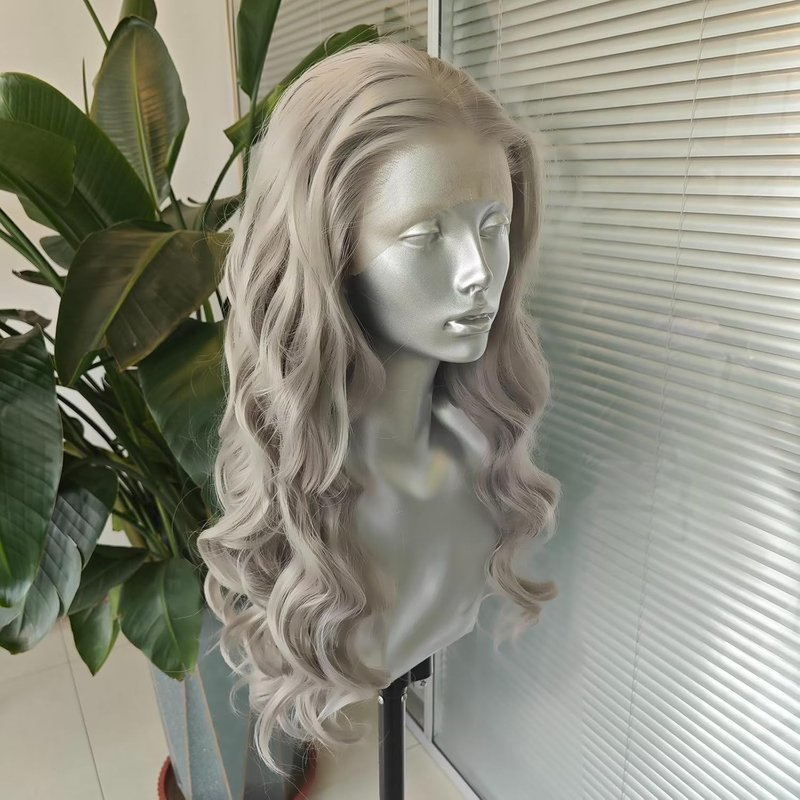 Long Body Wave Lace Front Wig - Sliver Grey Natural Wavy Heat Resistant Synthetic Hair | 24 Inch for Women & Girls
