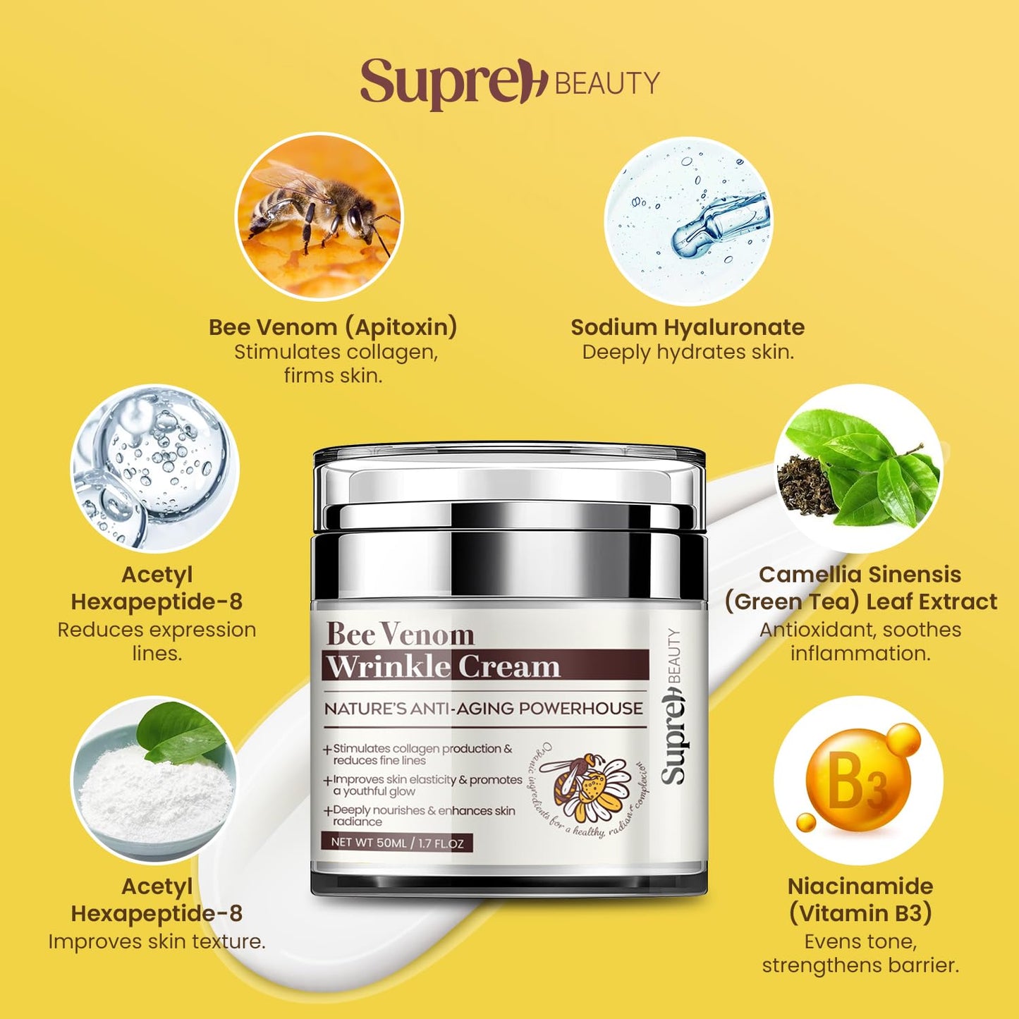Bee Venom Cream Wrinkle Filler - Instant Face Lift & Eye Tightener with Hyaluronic Acid | 50 ML