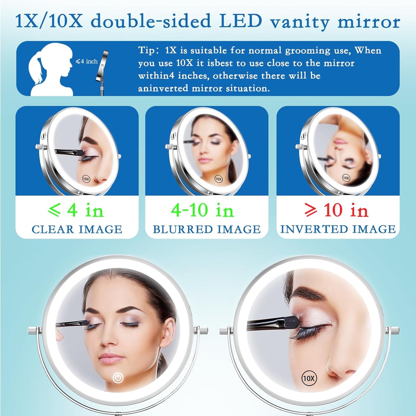 Vanity Mirror with Lights - Rechargeable 1x/10x Double-Sided Makeup Mirror | Adjustable Height & 360° Rotation
