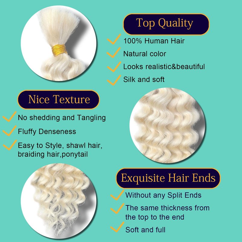 613 Blonde Human Braiding Hair Deep Water Wave Bulk Human Hair for Braiding 16 Inch 100 g 2 Bundle Curly Human Hair for Boho Braids Wet and Wavy Human Hair Extensions No Weft Micro Braiding Hair