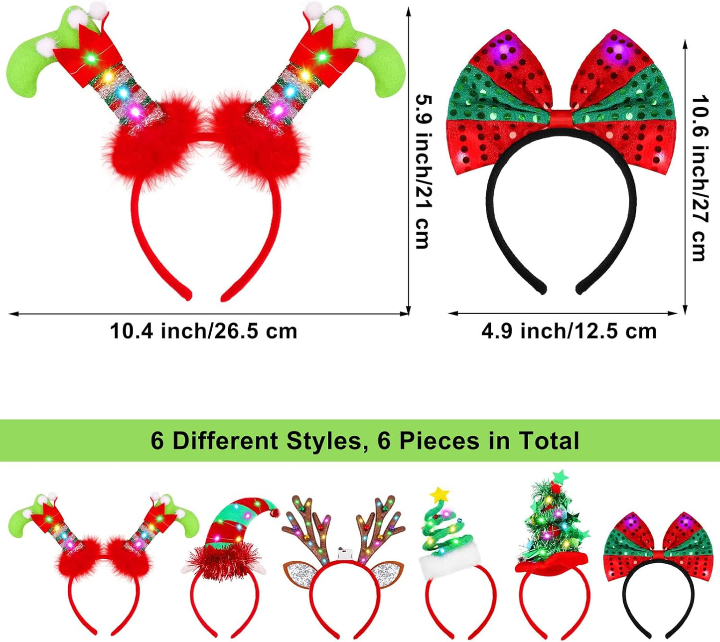 Christmas Headbands - 6 Pack LED Reindeer Antler Hair Boppers | Festive Holiday Party Accessories